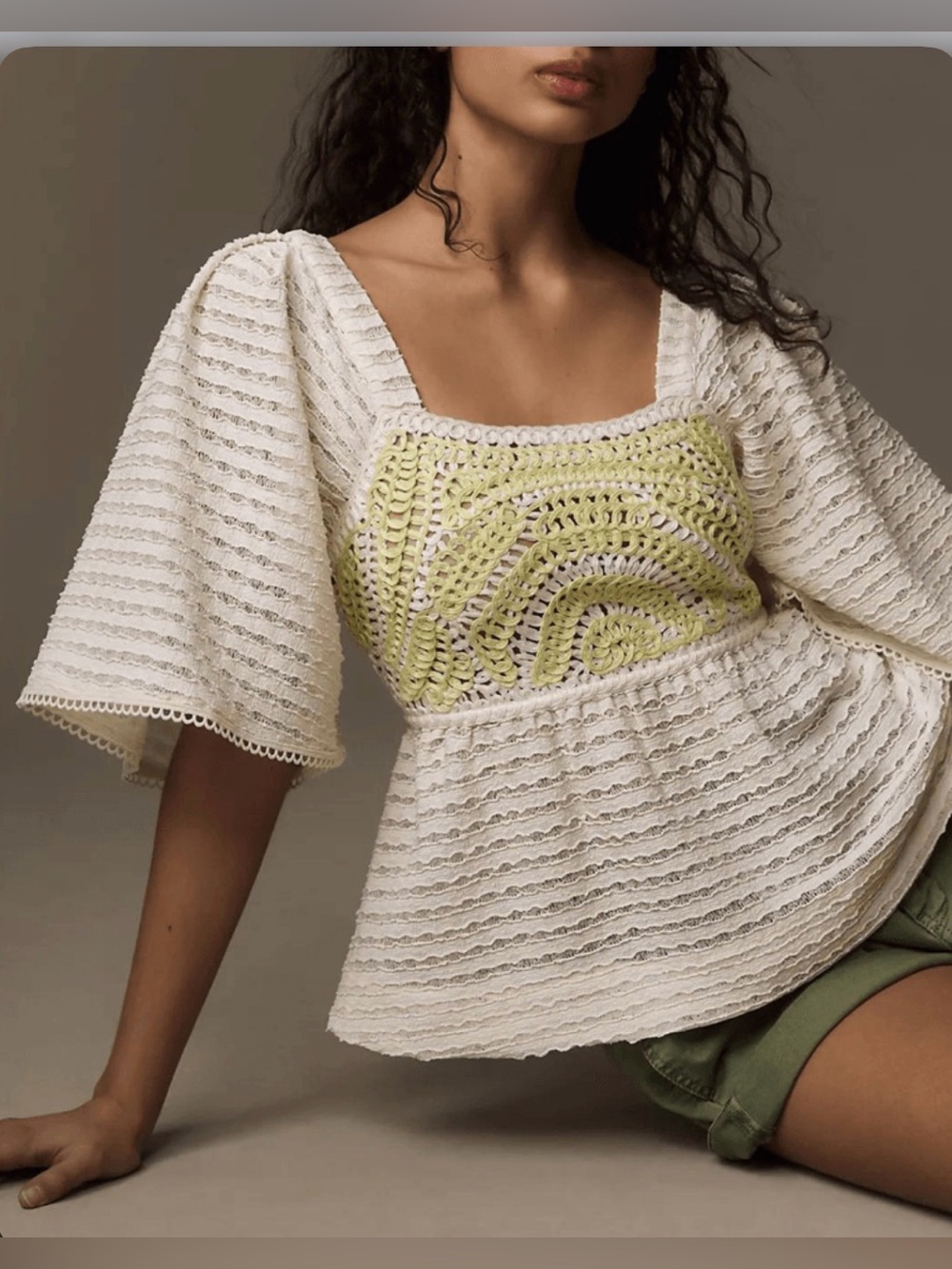 Sarah Hann Anthropologie Flutter-Sleeve Crochet Top Medium